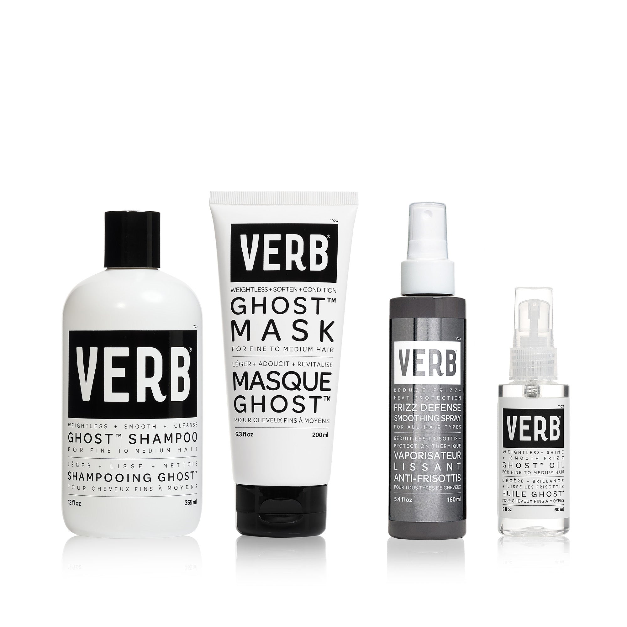 Verb hair care products including shampoo, mask, and sprays on a white background